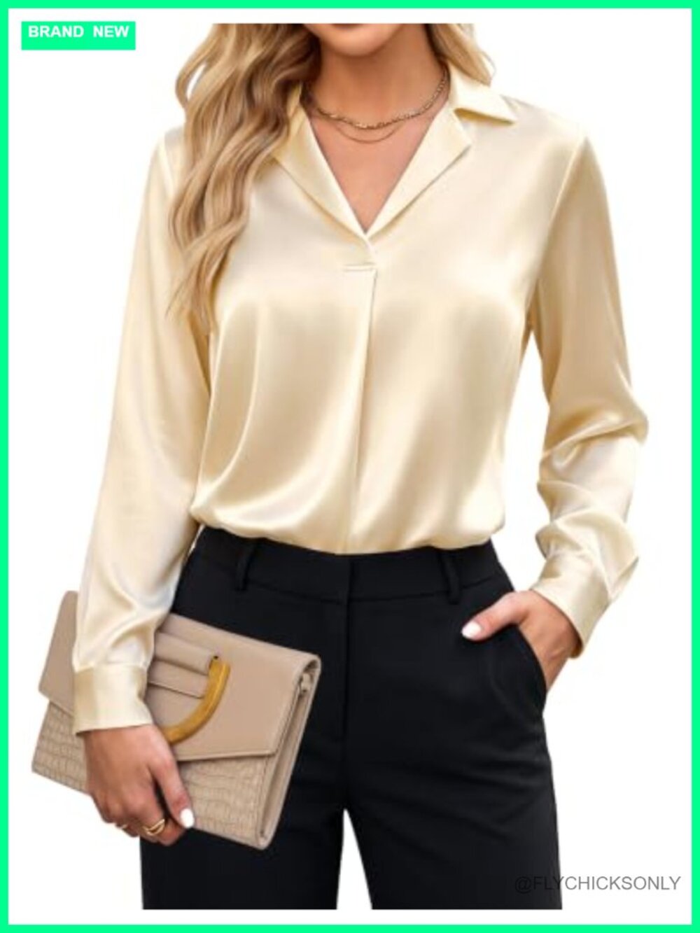 Satin Blouse Collarless Long Sleeve Business Casual Pullover Top